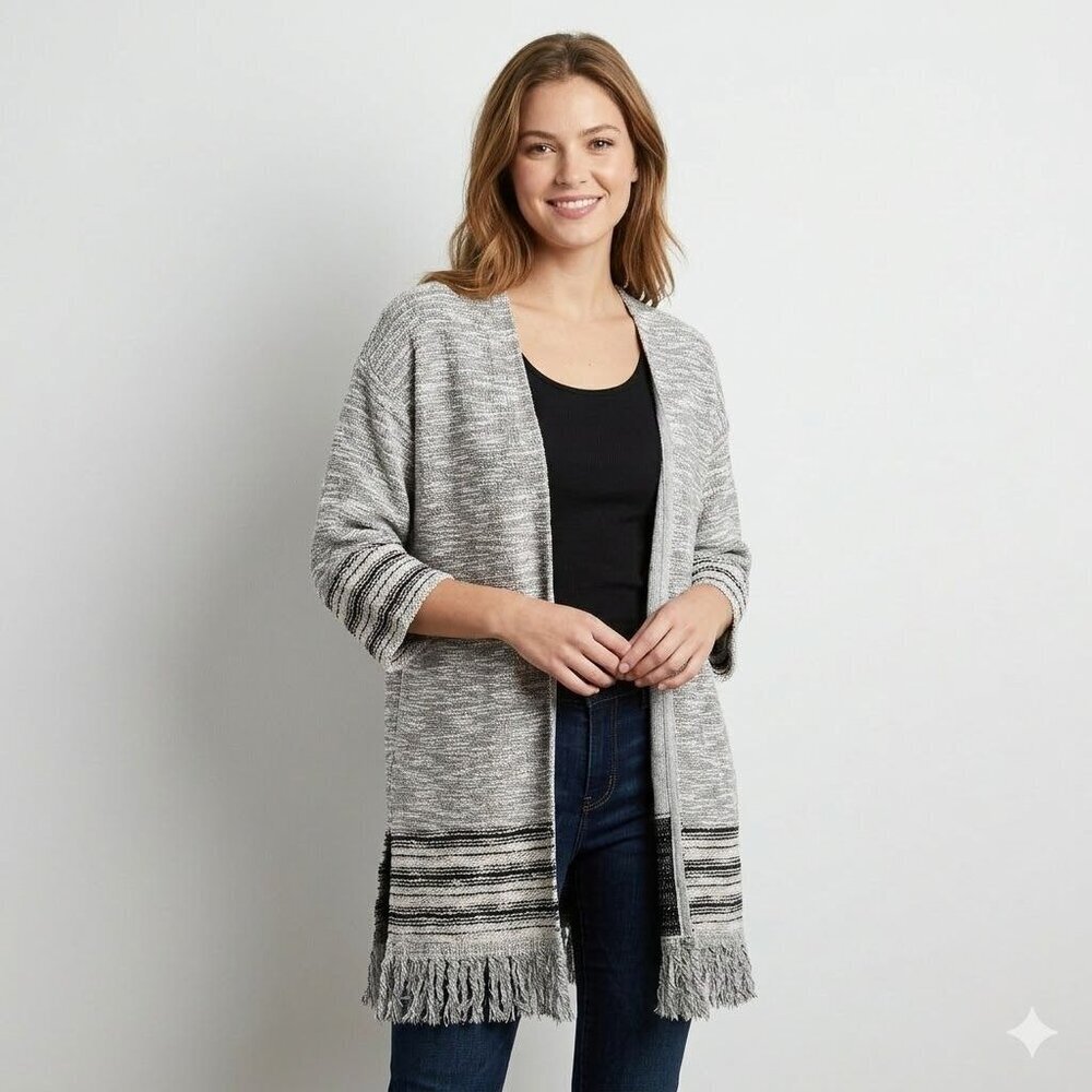 Ariat Open Mid-Length Cardigan Fringe Bottom Gray Metallic Size L Western Boho